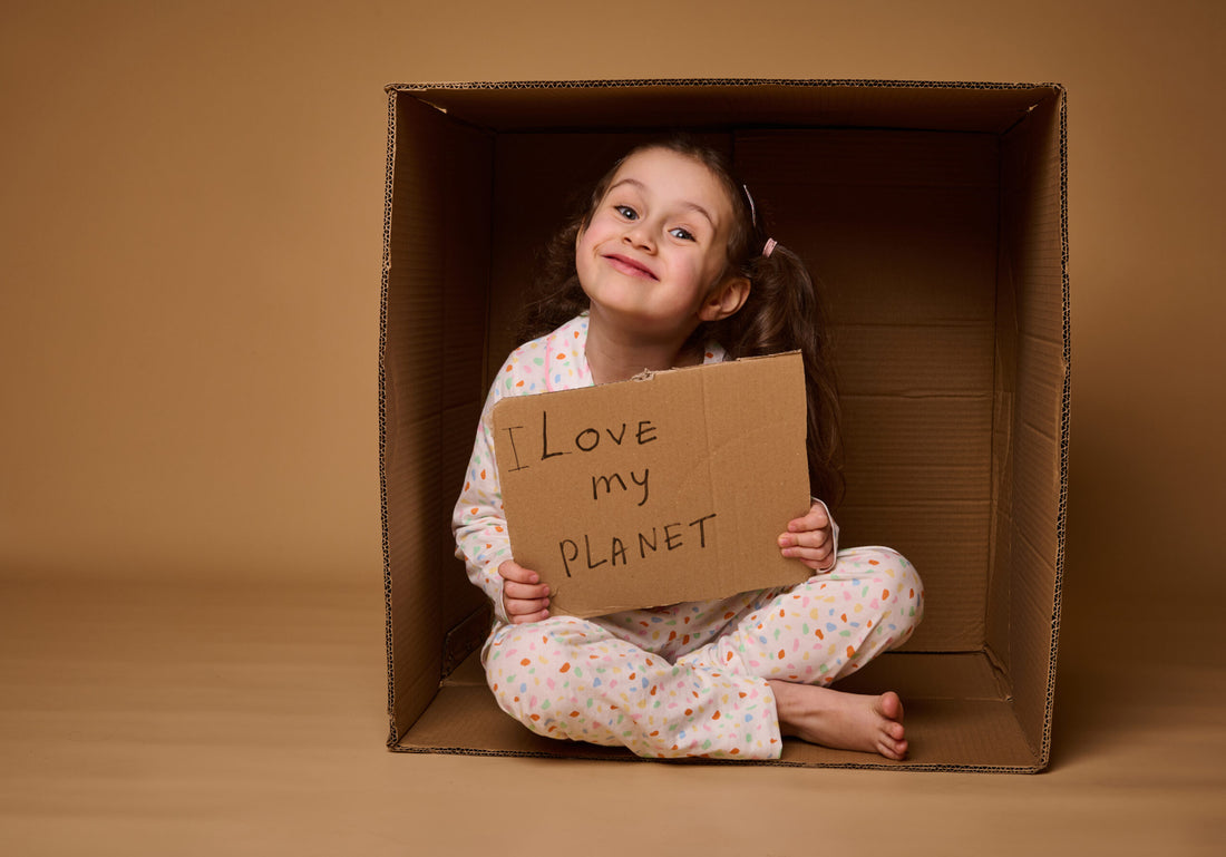 Beautiful little girl activist holding a placard with Love my Planet, sitting inside a cardboard box in lotus pose and smiling cutely looking at camera, against beige background with copy space