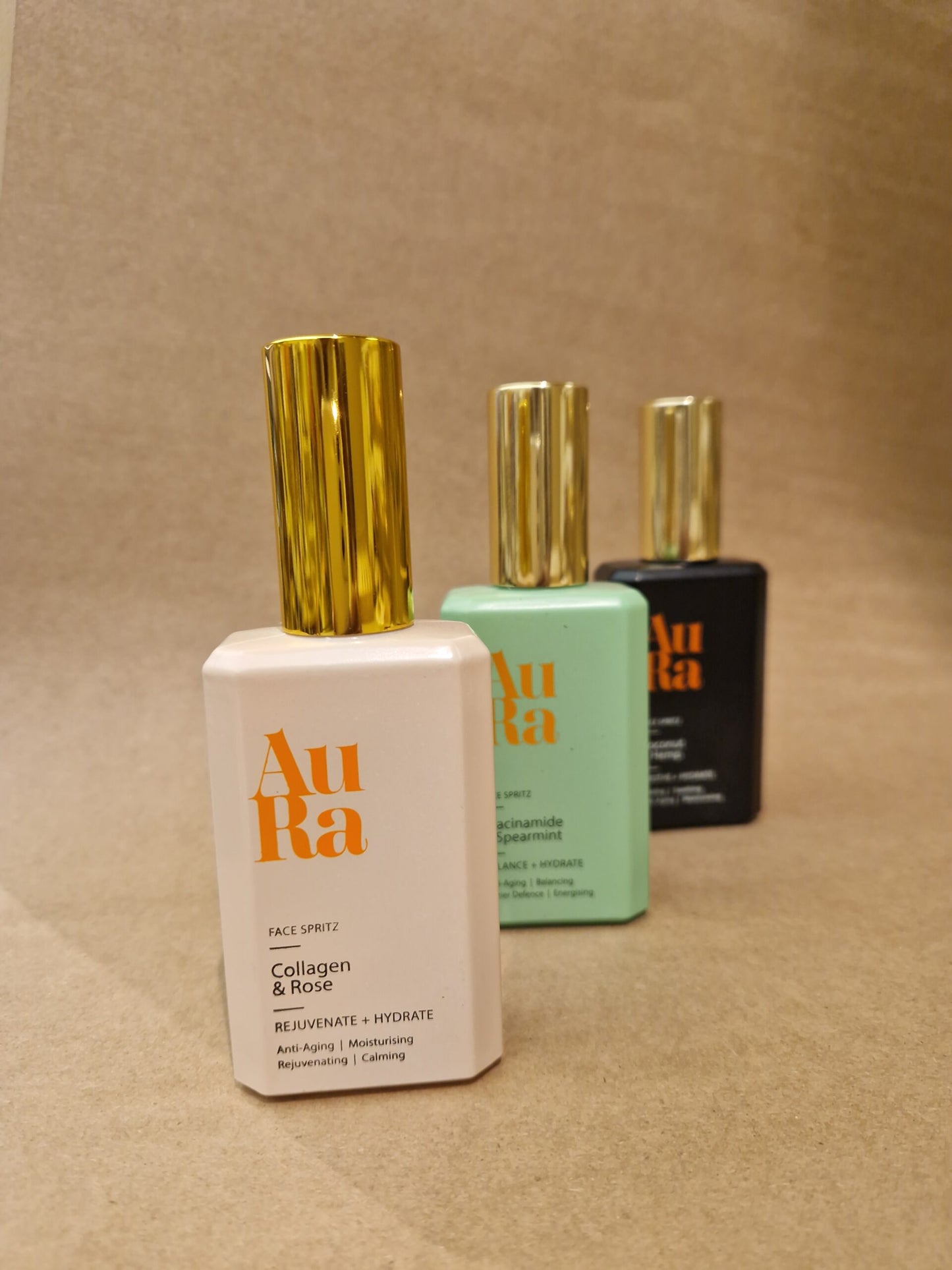 The Aura Face Spritz collection: Three clean formulas, one essential choice. Packed with active ingredients for hydration, rejuvenation and radiance.