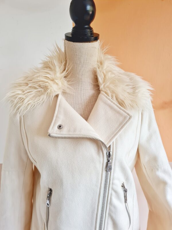 White Faux Fur Trimmed Coat - Image 2